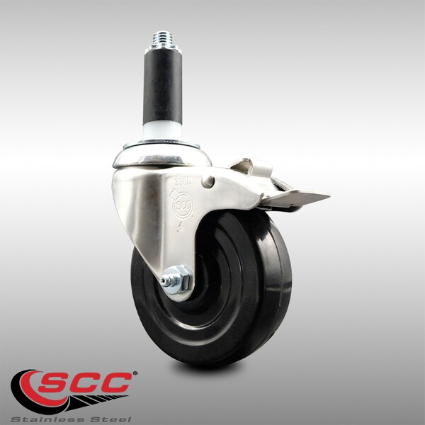 4 Inch 316SS Hard Rubber Swivel 1-1/8 Inch Expanding Stem Caster Lock Brake SCC